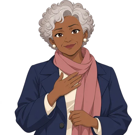 Beatrice, smiling in a navy coat