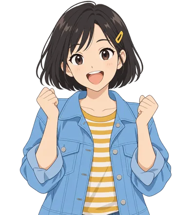 Lily, cheering in a denim jacket