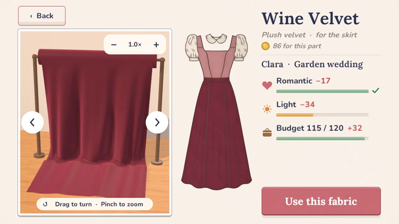 A bolt of wine velvet draped on a rail beside the dress wearing it, with how it changes each wish