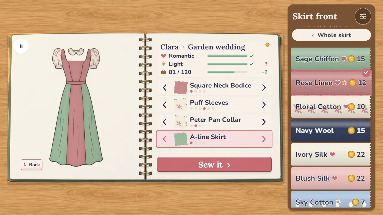 The sketchbook: a dress with a rose linen centre front and sage chiffon sides, the customer's wishes on the right page and a shelf of fabrics