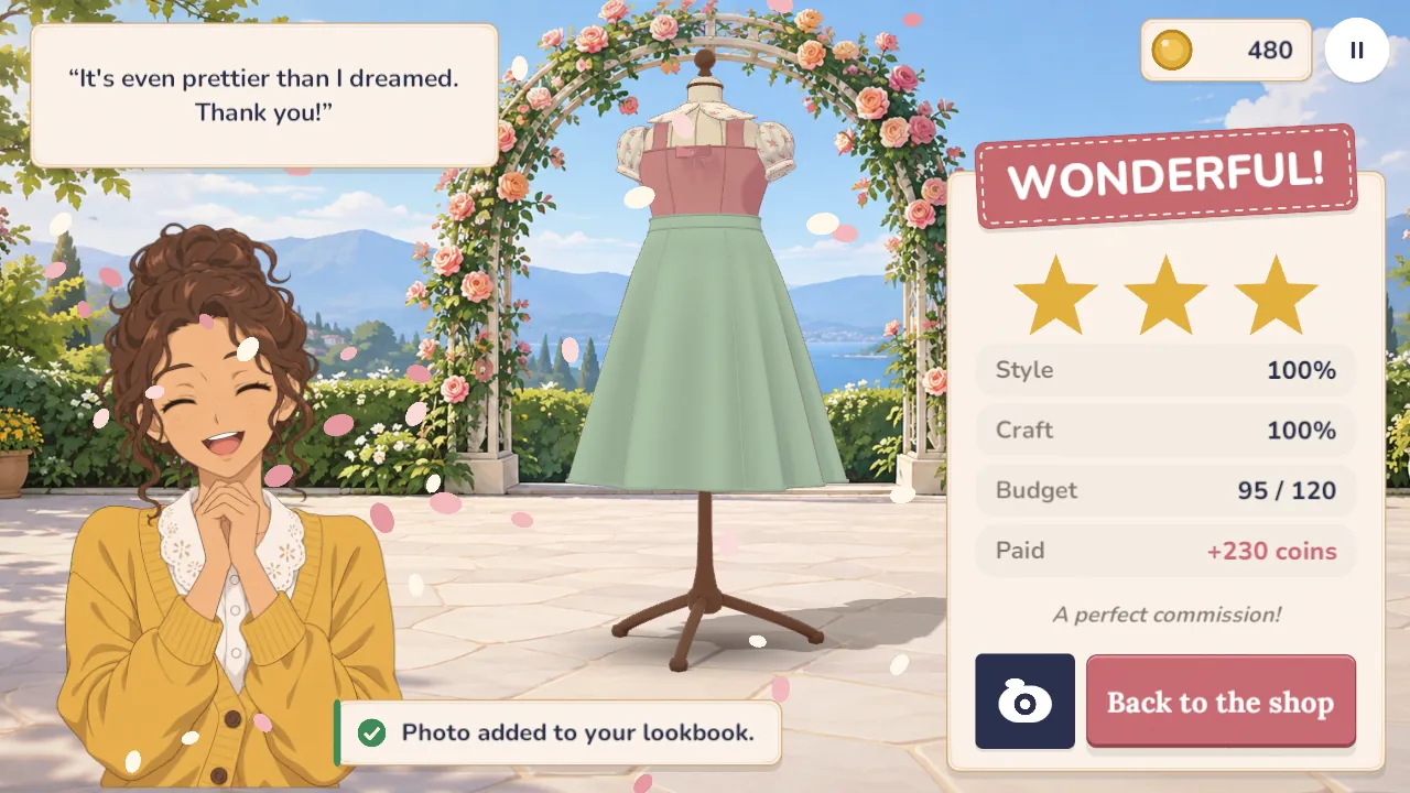Clara overjoyed at the reveal under a rose arch, three stars awarded
