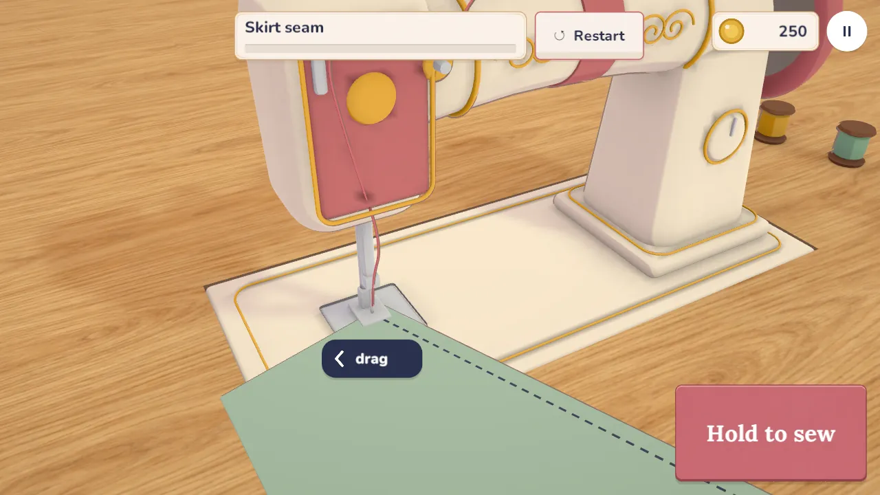 Sage fabric under the needle of a cream sewing machine, with an arrow showing which way to steer it along the dashed seam line